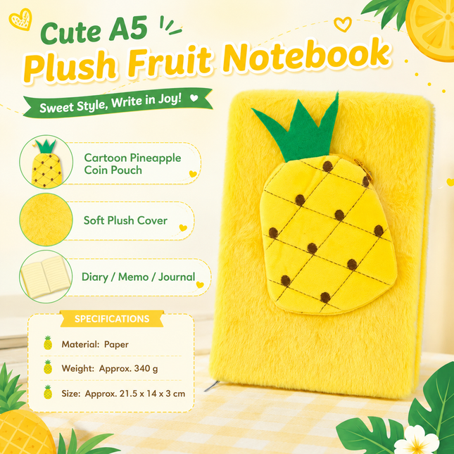 A5 Plush Fruit Notebook with detachable pineapple-shaped coin purse features a soft plush cover and
