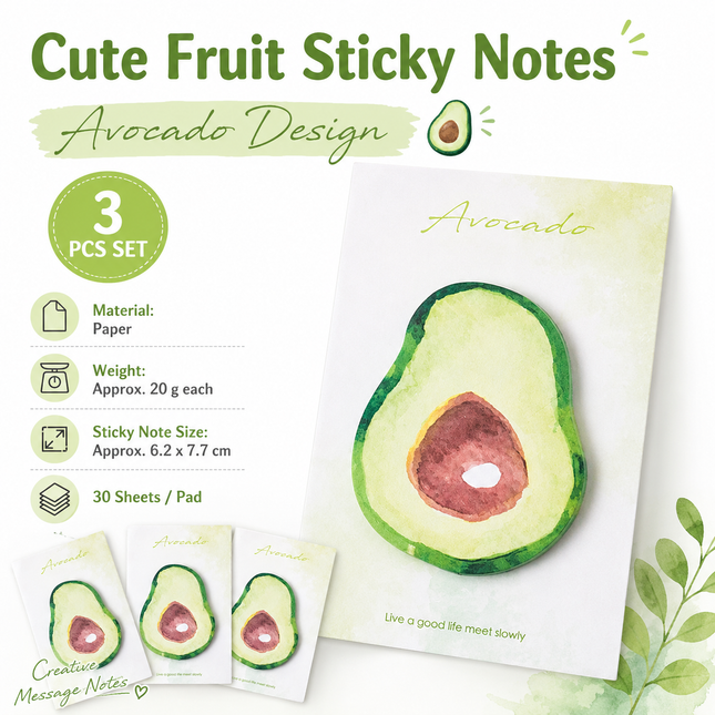 3 Packs Avocado Design Fruit Shaped Sticky Notes