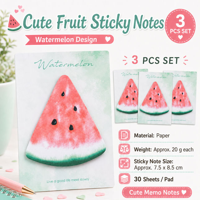 3 Packs Watermelon Design Fruit Shaped Sticky Notes