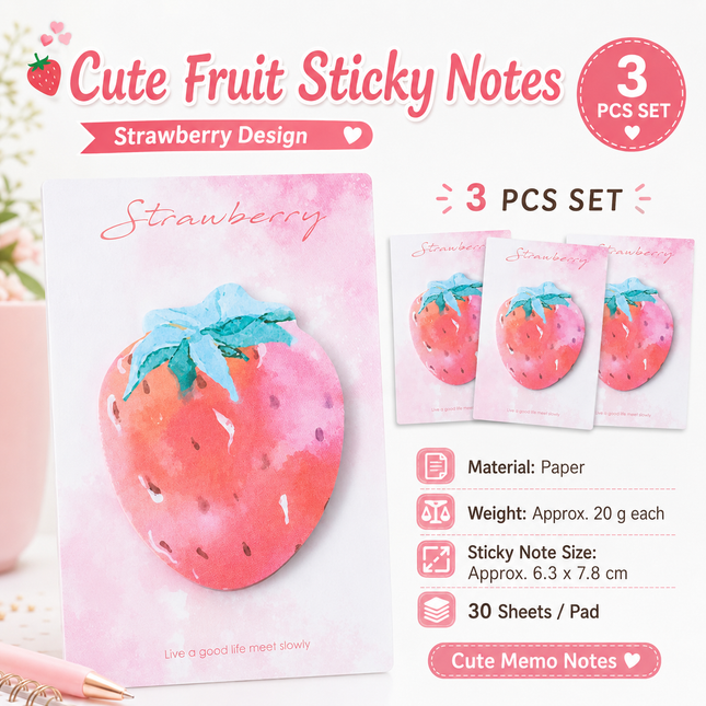 3 Packs Strawberry Design Fruit Shaped Sticky Notes