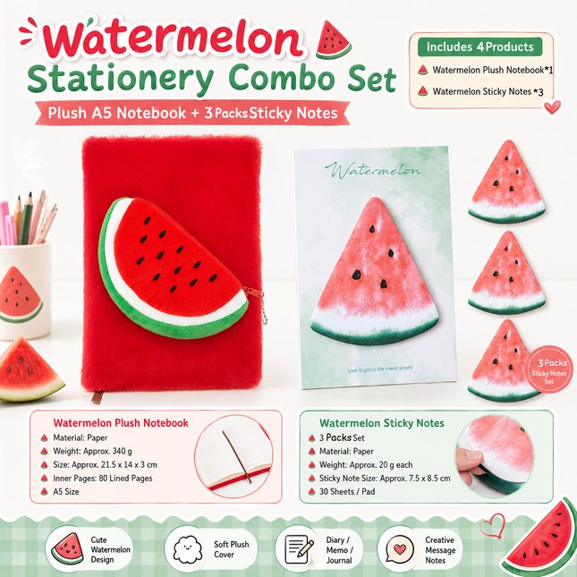 Fruit-Shaped Office Supplies Set-3 packs Watermelon Shaped Sticky Notes and A5 Plush Notebook