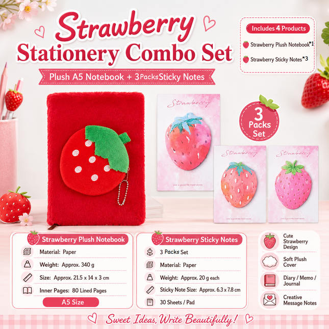 Fruit-Shaped Office Supplies Set-3 packs Strawberry Shaped Sticky Notes and A5 Plush Notebook