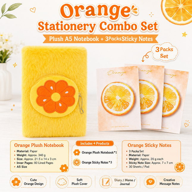 Fruit-Shaped Office Supplies Set-3 packs Orange Shaped Sticky Notes and A5 Plush Notebook with