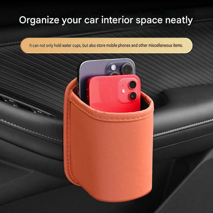 Brown Universal Car Door Cup Holder - PU Leather Hanging Storage Organizer for Seat Back and Console side and Door storage compartment - Multi-Purpose Beverage Pocket with Secure Clip Design for Travel and Commute