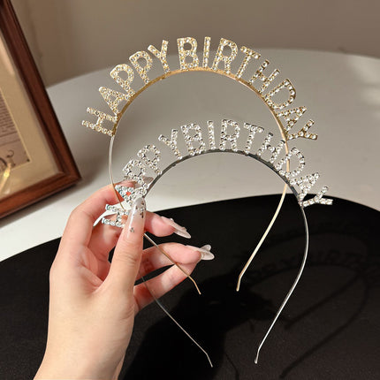 Silver Happy Birthday Rhinestone Headband - Alloy Party Hair Accessory with Sparkling Letters, Lightweight Design for Celebrations and Photo Props