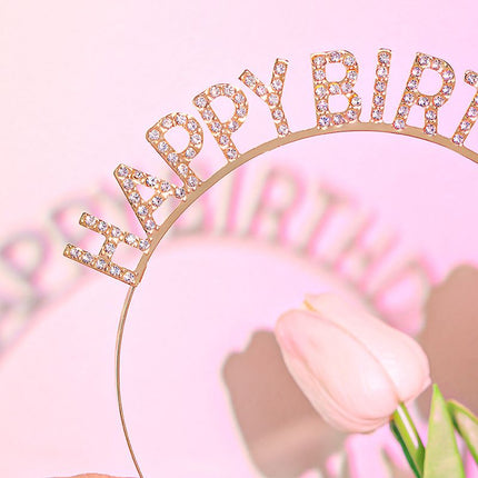 Silver Happy Birthday Rhinestone Headband - Alloy Party Hair Accessory with Sparkling Letters, Lightweight Design for Celebrations and Photo Props