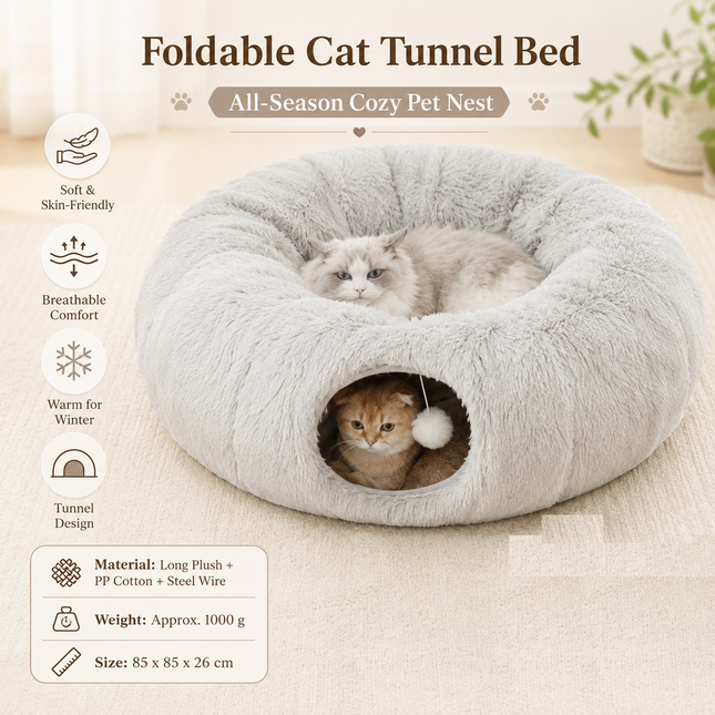 Grey Foldable Cat Tunnel Bed
