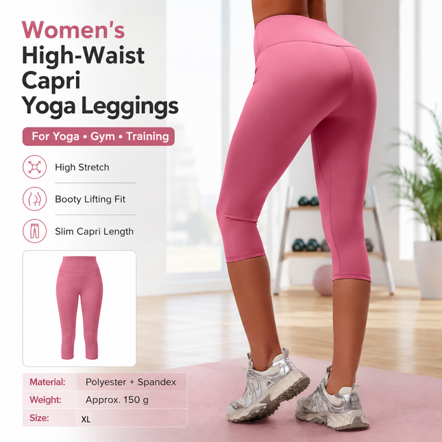 Pink XL Size Women's High Waist 3/4 Yoga Leggings