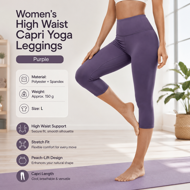 Purple L Size Women's High Waist 3/4 Yoga Leggings