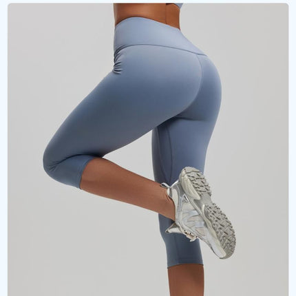 Dusty Blue M Size Women's High Waist 3/4 Yoga Leggings - Peach Hip Lift Design, Breathable Stretch Fabric for Gym Running and Daily Wear