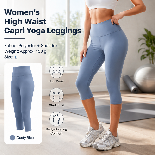 Dusty Blue L Size Women's High Waist 3/4 Yoga Leggings