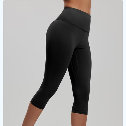 Black M Size Women's High Waist 3/4 Yoga Leggings - Peach Hip Lift Design, Breathable Stretch Fabric for Gym Running and Daily Wear