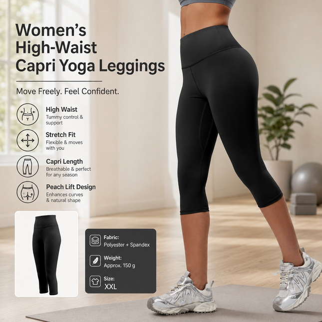 Black XXL Size Women's High Waist 3/4 Yoga Leggings