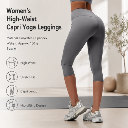 Grey M Size Women's High Waist 3/4 Yoga Leggings - Peach Hip Lift Design, Breathable Stretch Fabric for Gym Running and Daily Wear