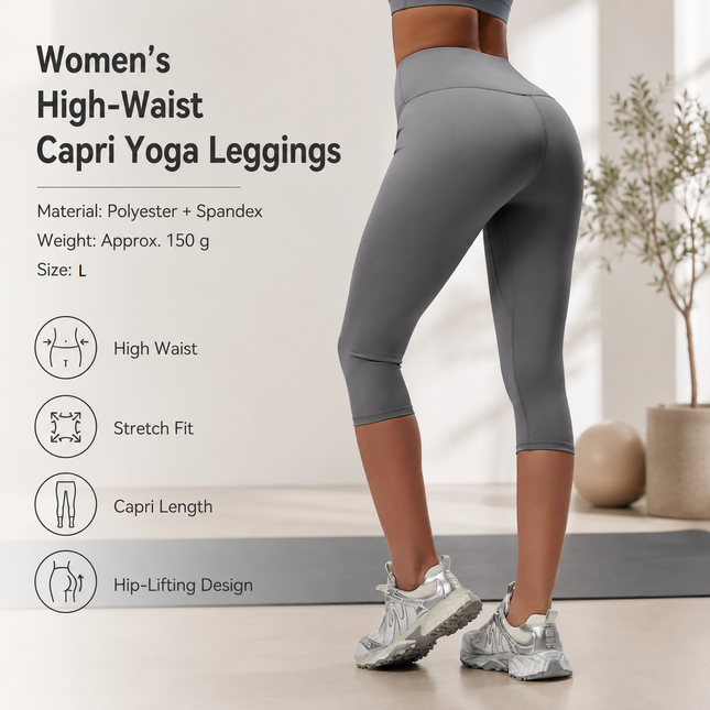 Grey L Size Women's High Waist 3/4 Yoga Leggings