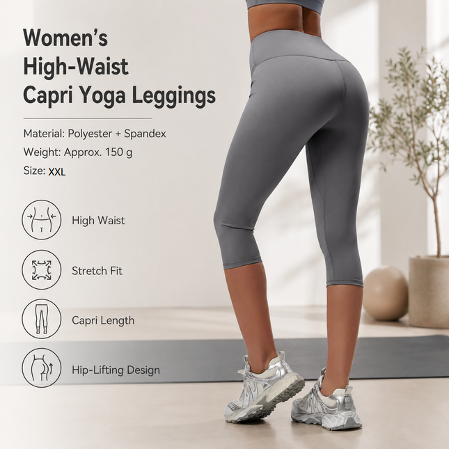 Grey XXL Size Women's High Waist 3/4 Yoga Leggings