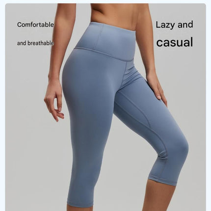 Blue M Size Women's High Waist 3/4 Yoga Leggings - Peach Hip Lift Design, Breathable Stretch Fabric for Gym Running and Daily Wear