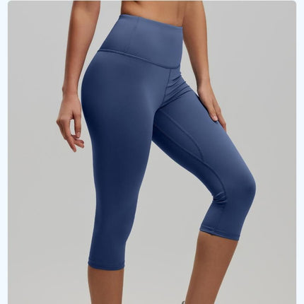 Blue M Size Women's High Waist 3/4 Yoga Leggings - Peach Hip Lift Design, Breathable Stretch Fabric for Gym Running and Daily Wear