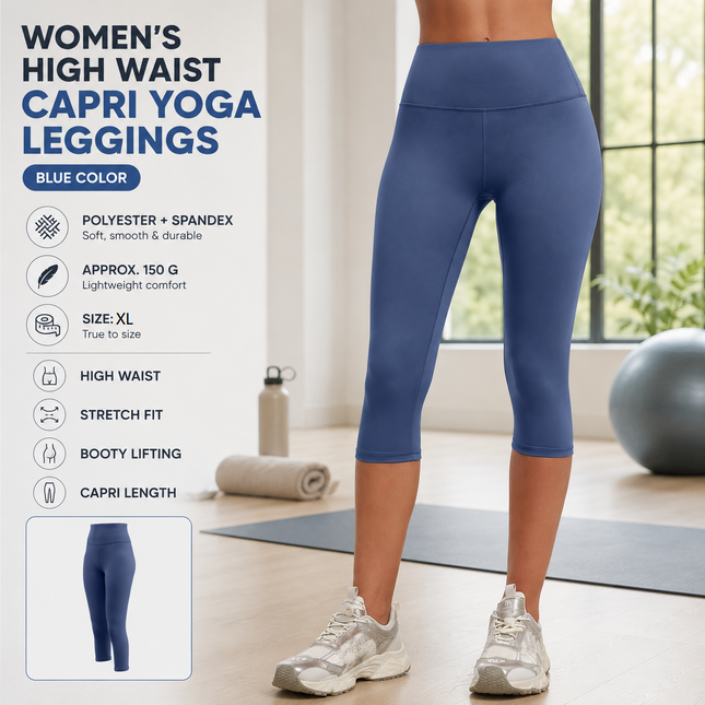 Blue XL Size Women's High Waist 3/4 Yoga Leggings