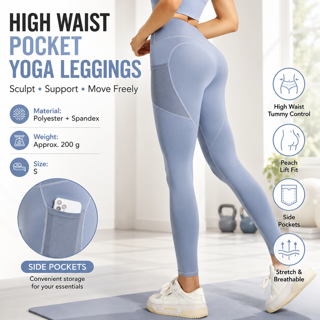Blue S Size Women's High Waist Yoga Leggings with Mesh Side V888-ELOSUNG53720