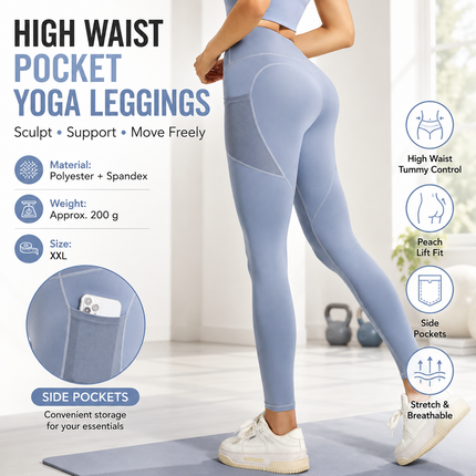Blue XXL Size Women's High Waist Yoga Leggings with Mesh Side Pockets - Squat Proof, Peach Hip Lift, Breathable Stretch Fabric for Gym Running 、Pilates Wea and Daily Wear