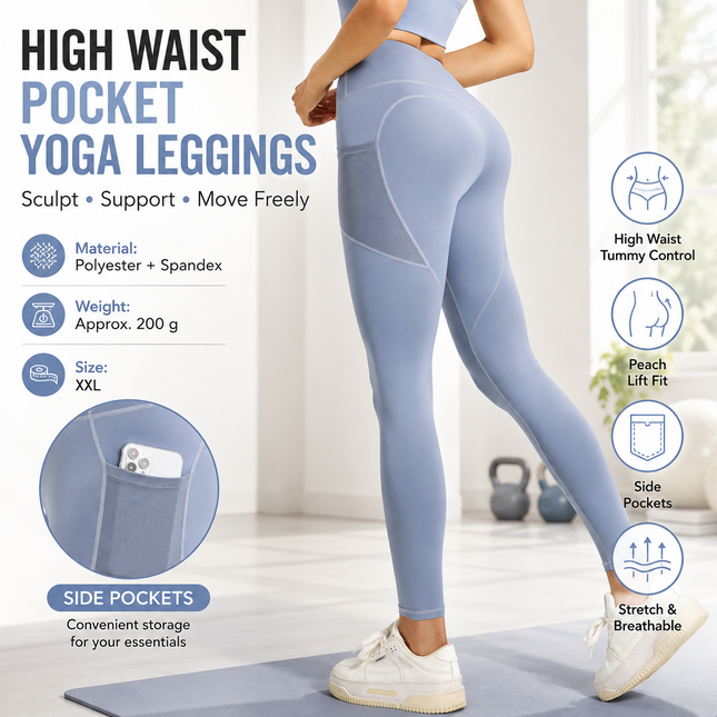 Blue XXL Size Women's High Waist Yoga Leggings with Mesh Side V888-ELOSUNG53724