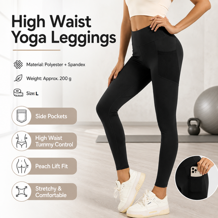 Black L Size Women's High Waist Yoga Leggings with Mesh Side Pockets - Squat Proof, Peach Hip Lift, Breathable Stretch Fabric for Gym Running 、Pilates Wea and Daily Wear