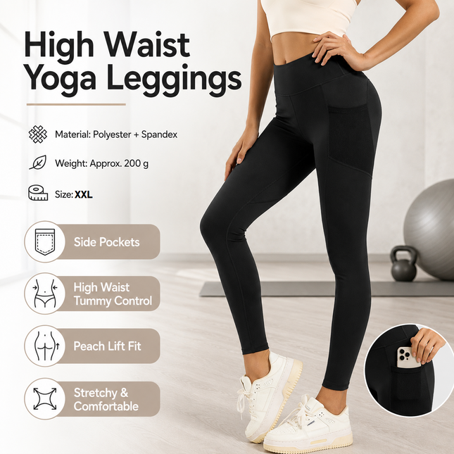 Black XXL Size Women's High Waist Yoga Leggings with Mesh Side V888-ELOSUNG53729