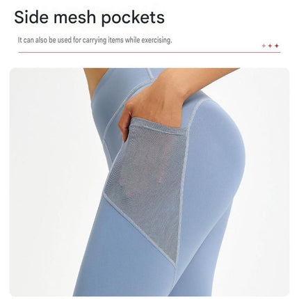 Grey L Size Women's High Waist Yoga Leggings with Mesh Side Pockets - Squat Proof, Peach Hip Lift, Breathable Stretch Fabric for Gym Running 、Pilates Wea and Daily Wear