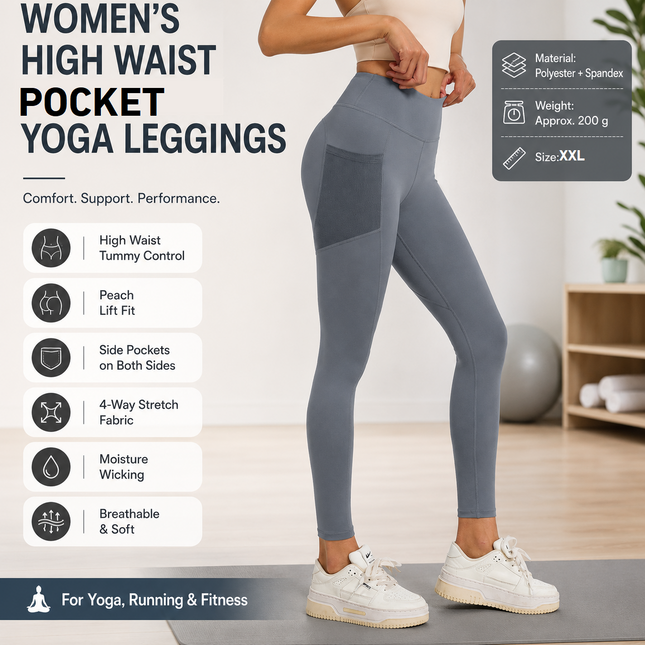 Grey XXL Size Women's High Waist Yoga Leggings with Mesh Side V888-ELOSUNG53734