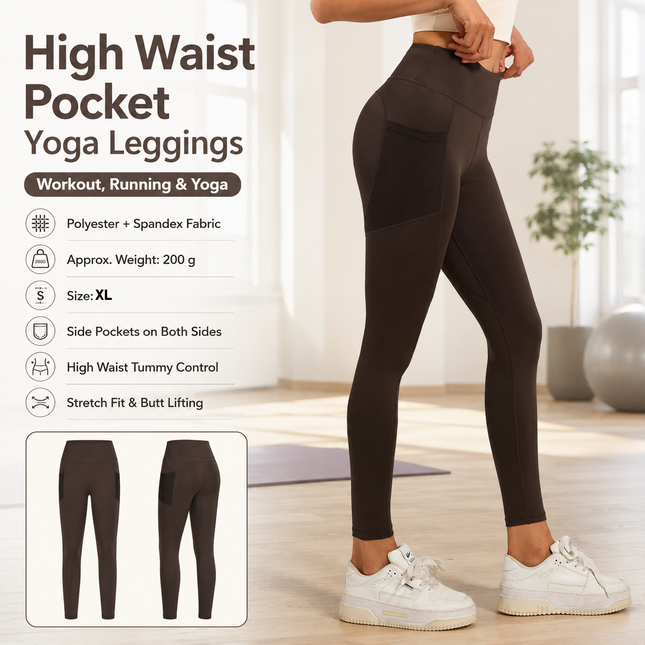 Coffee-colored XL Size Women's High Waist Yoga Leggings with Mesh Side V888-ELOSUNG53738