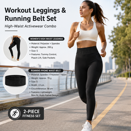 Comfortable Outdoor Sports Set-Black S Size Running Waist Belt and Black S Size High-Waisted Yoga Leggings  - Breathable Spandex Blend, Side Pockets for Phone and Keys, Lightweight Fitness Gear for Running and Gym