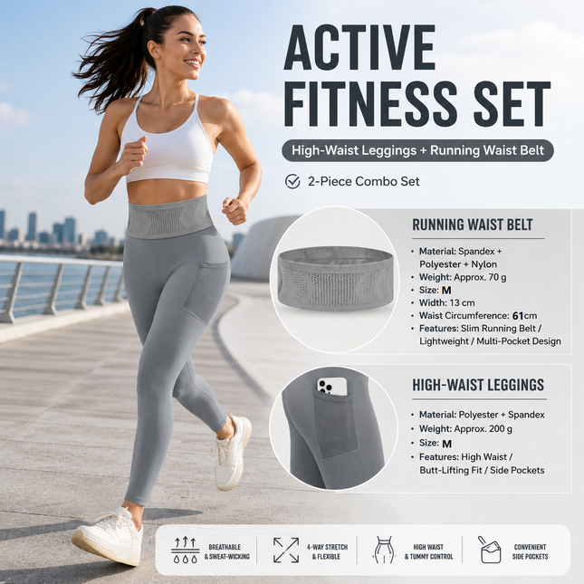 Comfortable Outdoor Sports Set-Grey M Size Running Waist Belt and Grey M Size High-Waisted Yoga
