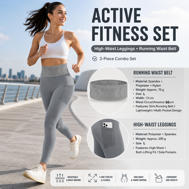 Comfortable Outdoor Sports Set-Grey L Size Running Waist Belt and Grey L Size High-Waisted Yoga
