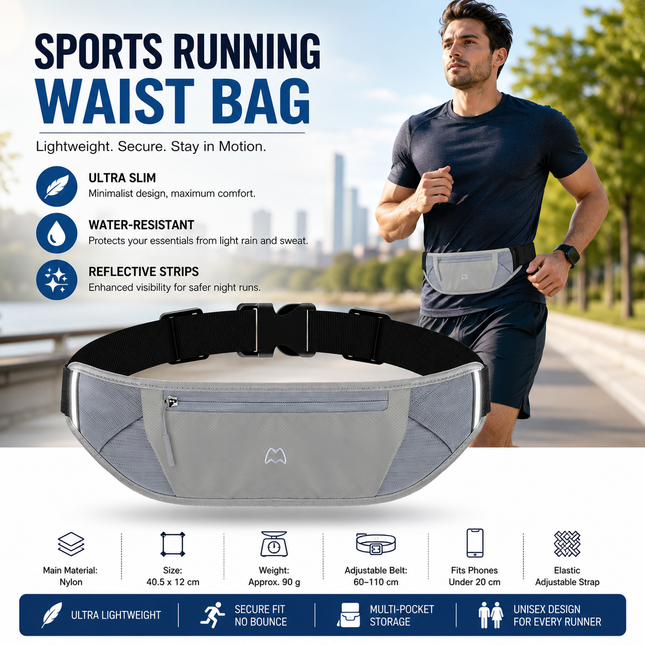 Grey Running Waist Pack Made of waterproof nylon with an adjustable strap (fits waist sizes
