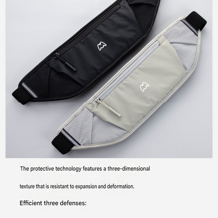Grey Running Waist Pack—Made of waterproof nylon with an adjustable strap (fits waist sizes 60–110 cm); features a three-pocket design to store a phone and keys, includes reflective strips for safety during night runs, and is suitable for running, mountai