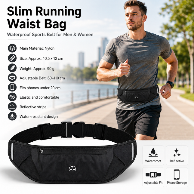 Black Running Waist Pack Made of waterproof nylon with an adjustable strap (fits waist sizes