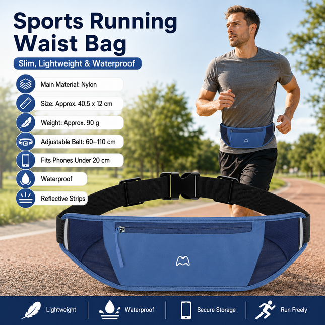 Blue Running Waist Pack Made of waterproof nylon with an adjustable strap (fits waist sizes