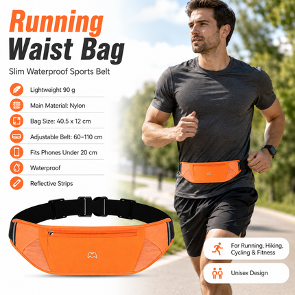Orange Running Waist Pack—Made of waterproof nylon with an adjustable strap (fits waist sizes 60–110 cm); features a three-pocket design to store a phone and keys, includes reflective strips for safety during night runs, and is suitable for running, mount