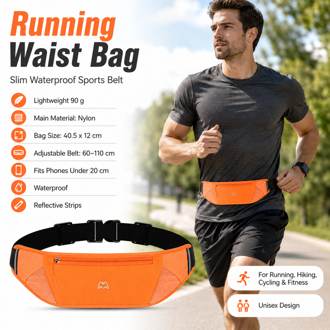 Orange Running Waist Pack Made of waterproof nylon with an adjustable strap (fits waist sizes