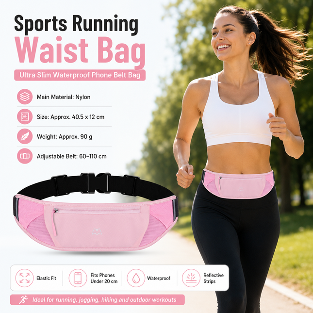 Pink Running Waist Pack Made of waterproof nylon with an adjustable strap (fits waist sizes