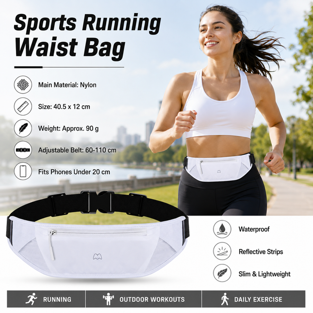 White Running Waist Pack Made of waterproof nylon with an adjustable strap (fits waist sizes