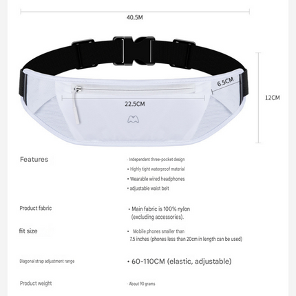 White Running Waist Pack—Made of waterproof nylon with an adjustable strap (fits waist sizes 60–110 cm); features a three-pocket design to store a phone and keys, includes reflective strips for safety during night runs, and is suitable for running, mounta