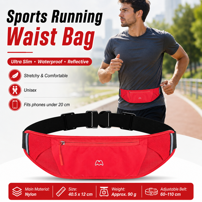 Red Running Waist Pack Made of waterproof nylon with an adjustable strap (fits waist sizes