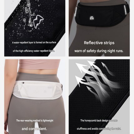 Red Running Waist Pack—Made of waterproof nylon with an adjustable strap (fits waist sizes 60–110 cm); features a three-pocket design to store a phone and keys, includes reflective strips for safety during night runs, and is suitable for running, mountain