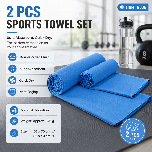 2 Piece Light Blue Microfiber Sports Towel V888-ELOSUNG53769