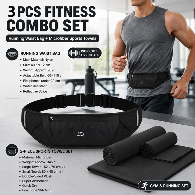 Dry and Breathable Sports combination-Black Running Waist Belt and Black 152 76cm and 80 40cm