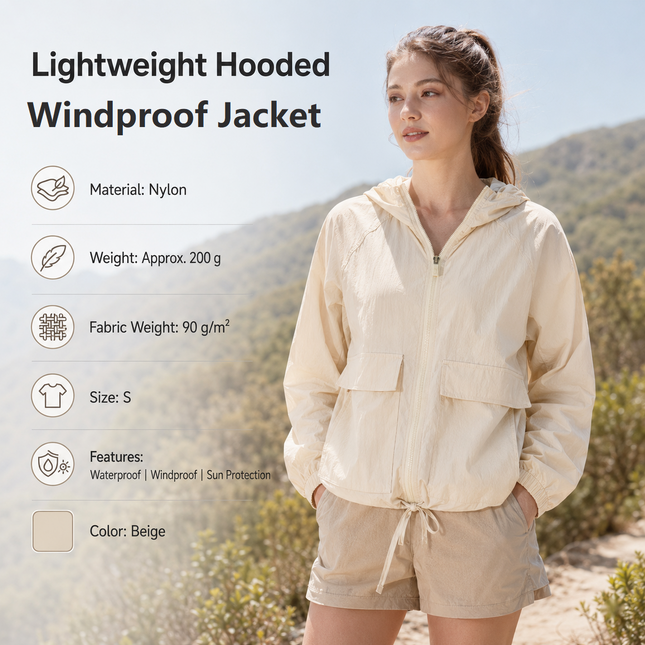 Beige S Size Women's Lightweight Hooded Windbreaker V888-ELOSUNG53776