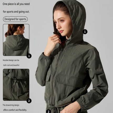 Beige XL Size Women's Lightweight Hooded Windbreaker Jacket - Nylon, Waterproof, Windproof, Sun Protection, Loose Fit for Hiking, Running, Yoga and Outdoor Activities