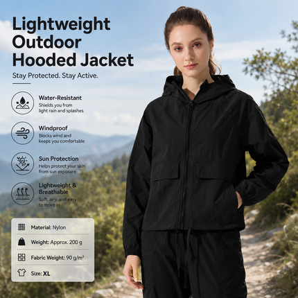 Black XL Size Women's Lightweight Hooded Windbreaker Jacket - Nylon, Waterproof, Windproof, Sun Protection, Loose Fit for Hiking, Running, Yoga and Outdoor Activities